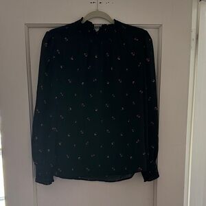 Madewell Black Blouse with Small Pink Floral Print